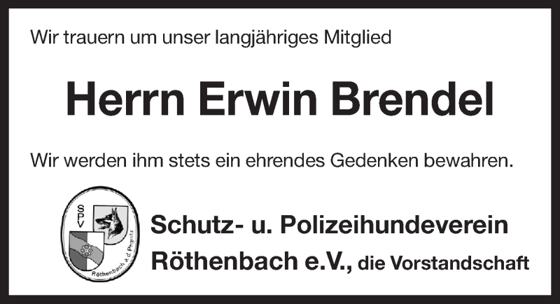 Traueranzeige für Erwin Brendel vom 21.09.2016 aus Pegnitz-Zeitung
