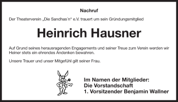 Traueranzeige von Heinrich Hausner von Pegnitz-Zeitung