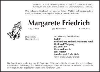 Traueranzeige von Margarete Friedrich von Pegnitz-Zeitung