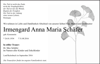 Traueranzeige von Irmengard Anna Maria Schäfer von Pegnitz-Zeitung