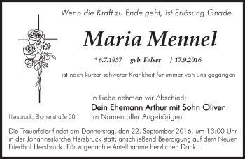 Traueranzeige von Maria Mennel 