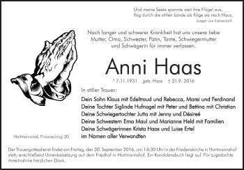 Traueranzeige von Anni Haas von Hersbrucker Zeitung