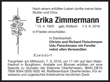 Traueranzeige von Erika Zimmermann von Der Bote