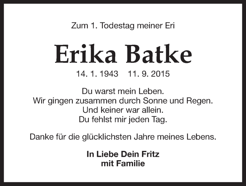  Traueranzeige für Erika Batke vom 10.09.2016 aus Der Bote