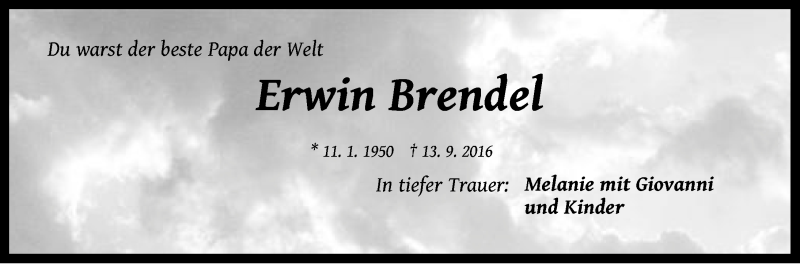  Traueranzeige für Erwin Brendel vom 19.09.2016 aus Pegnitz-Zeitung
