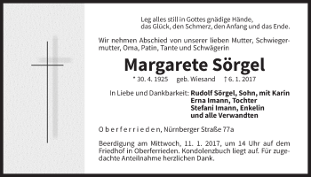 Traueranzeige von Margarete Sörgel von Der Bote