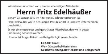 Traueranzeige von Fritz Edelhäußer von Hersbrucker Zeitung
