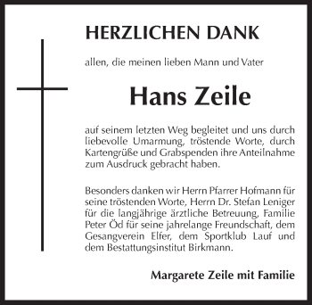 Traueranzeige von Hans Zeile von Pegnitz-Zeitung