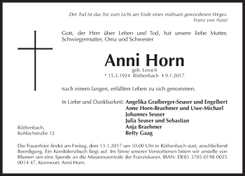 Traueranzeige von Anni Horn von Pegnitz-Zeitung