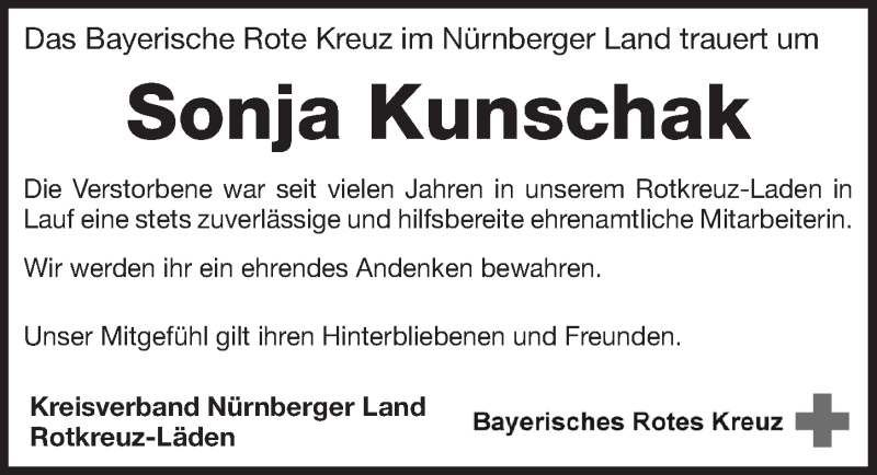  Traueranzeige für Sonja Kunschak vom 30.01.2017 aus Pegnitz-Zeitung