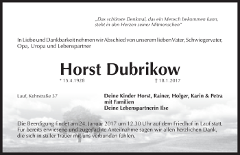 Traueranzeige von Horst Dubrikow von Pegnitz-Zeitung