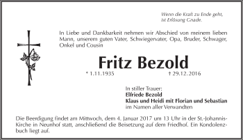 Traueranzeige von Fritz Bezold von Pegnitz-Zeitung