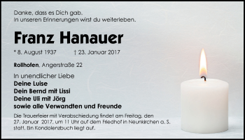 Traueranzeige von Franz Hanauer von Pegnitz-Zeitung