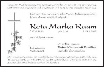 Traueranzeige von Reta Marka Raum von Pegnitz-Zeitung