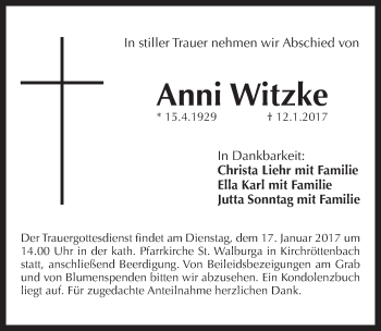 Traueranzeige von Anni Witzke von Pegnitz-Zeitung
