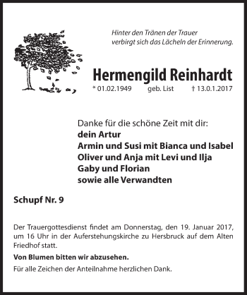 Traueranzeige von Hermengild Reinhardt von Hersbrucker Zeitung