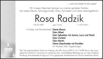 Traueranzeige von Rosa Radzik von Pegnitz-Zeitung