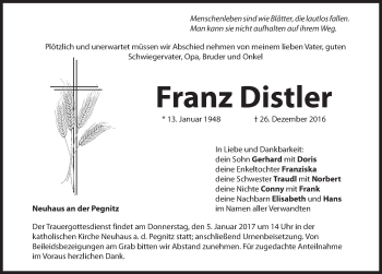 Traueranzeige von Franz Distler von Hersbrucker Zeitung