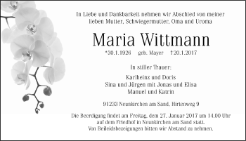 Traueranzeige von Maria Wittmann von Pegnitz-Zeitung