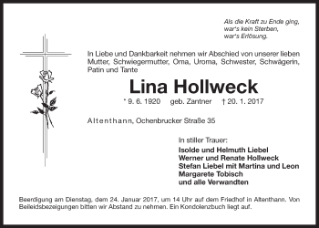 Traueranzeige von Lina Hollweck von Der Bote