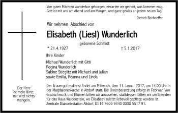 Traueranzeige von Elisabeth Wunderlich von Der Bote