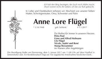 Traueranzeige von Anne Lore Flügel von Pegnitz-Zeitung