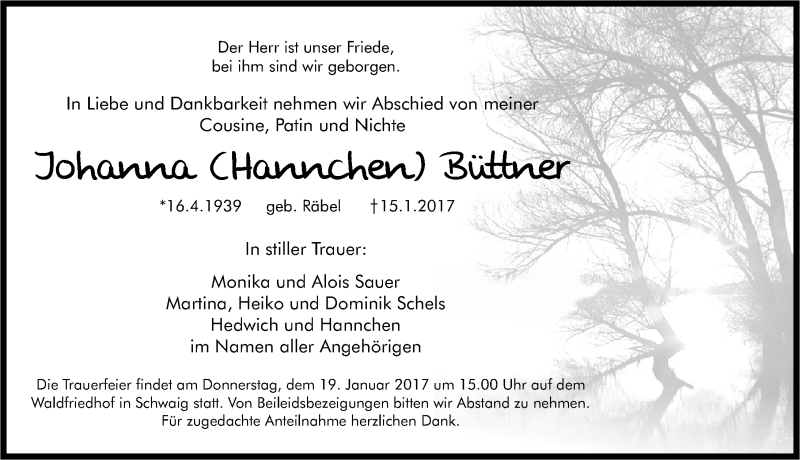  Traueranzeige für Johanna Büttner vom 18.01.2017 aus Pegnitz-Zeitung