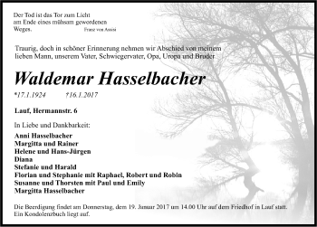 Traueranzeige von Waldemar Hasselbacher von Pegnitz-Zeitung