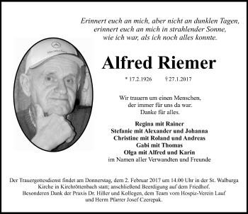 Traueranzeige von Alfred Riemer von Pegnitz-Zeitung