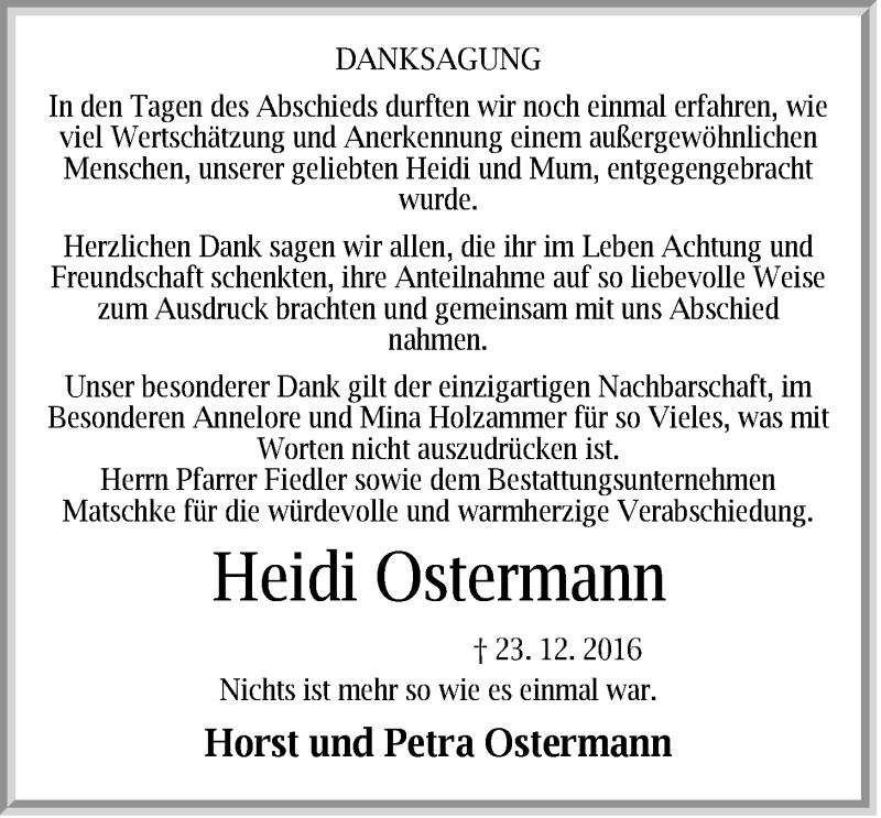  Traueranzeige für Heidi Ostermann vom 14.01.2017 aus Der Bote