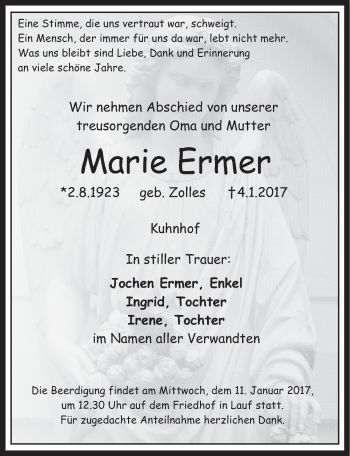 Traueranzeige von Marie Ermer von Pegnitz-Zeitung