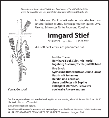Traueranzeige von Irmgard Stief von Hersbrucker Zeitung