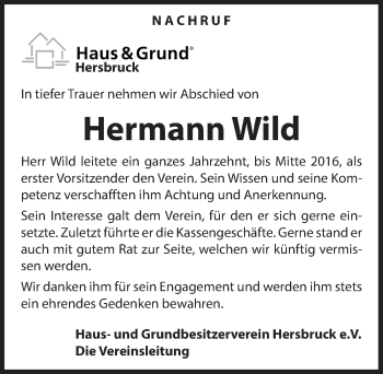 Traueranzeige von Hermann Wild von Hersbrucker Zeitung