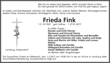 Traueranzeige von Frieda Fink von Pegnitz-Zeitung