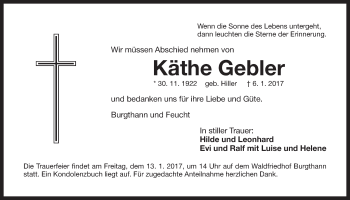 Traueranzeige von Käthe Gebler von Der Bote