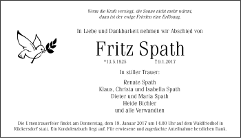 Traueranzeige von Fritz Spath von Pegnitz-Zeitung