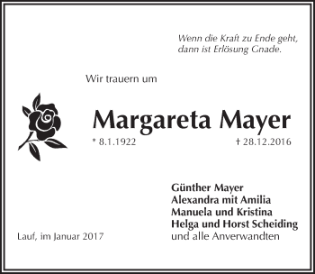 Traueranzeige von Margareta Mayer von Pegnitz-Zeitung