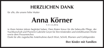 Traueranzeige von Anna Körner von Pegnitz-Zeitung