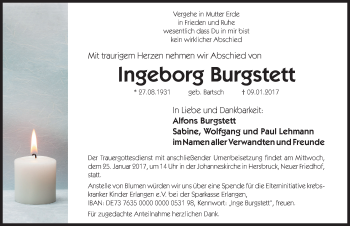 Traueranzeige von Ingeborg Burgstett von Hersbrucker Zeitung