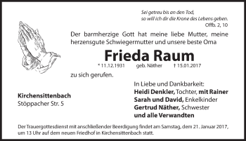 Traueranzeige von Frieda Raum von Hersbrucker Zeitung
