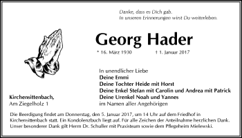 Traueranzeige von Georg Hader von Hersbrucker Zeitung