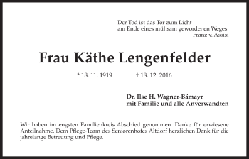 Traueranzeige von Käthe Lengenfelder von Der Bote