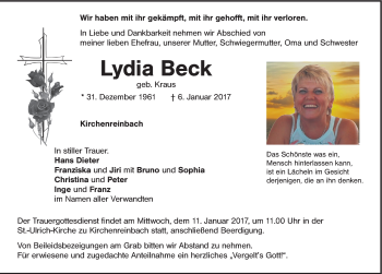 Traueranzeige von Lydia Beck von Hersbrucker Zeitung
