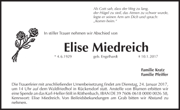 Traueranzeige von Elise Miedreich von Pegnitz-Zeitung