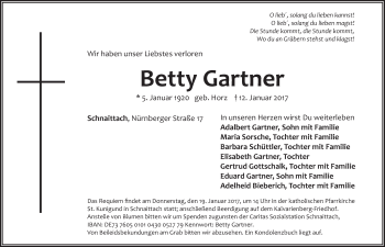 Traueranzeige von Betty Gartner von Pegnitz-Zeitung