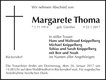 Traueranzeige von Margarete Thoma von Pegnitz-Zeitung