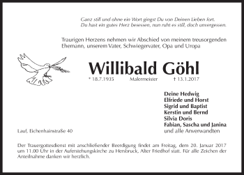 Traueranzeige von Willibald Göhl von Pegnitz-Zeitung