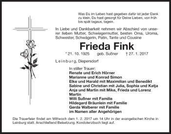 Traueranzeige von Frieda Fink von Der Bote