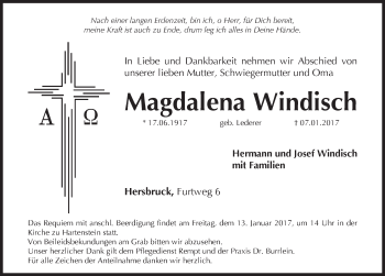 Traueranzeige von Magdalena Windisch von Hersbrucker Zeitung