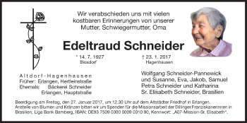 Traueranzeige von Edeltraud Schneider von Der Bote